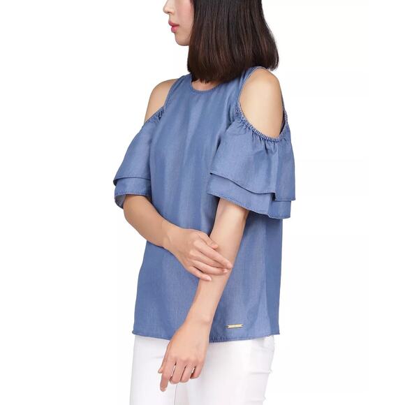 Michael Kors Women Denim Blue Cotton Tiered-Sleeve Cold-Shoulder Top Size S - Picture 4 of 4